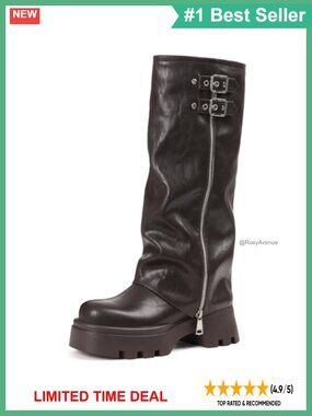 Faux Leather Knee High Fold Over Platform Moto Combat Boots